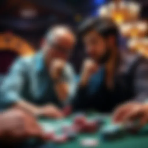 Two players engaged in a serious poker game, contemplating their strategies with poker chips and cards on the table.