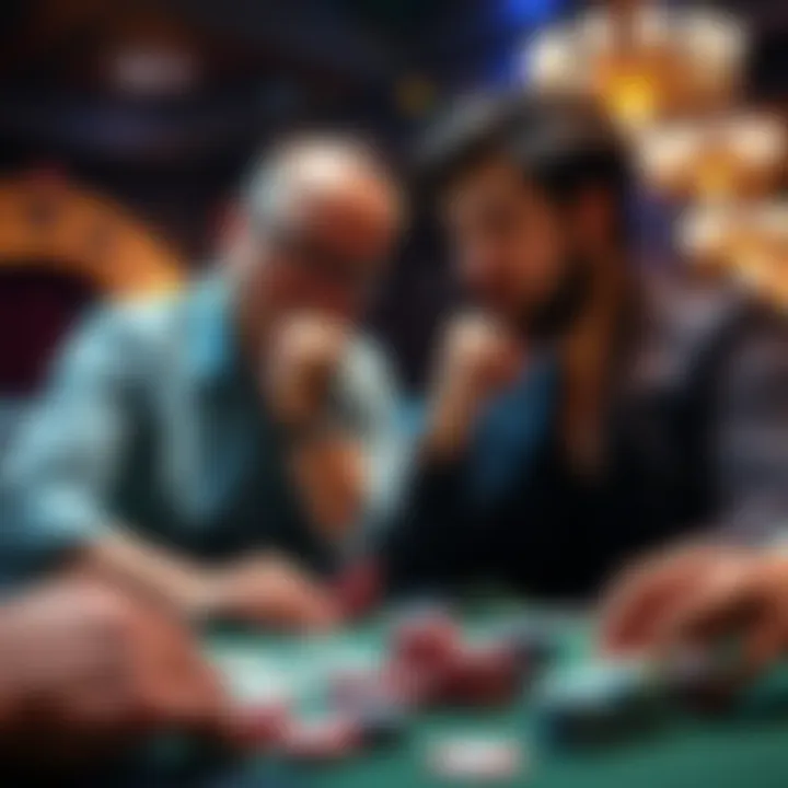 Poker strategy debate Two players engaged in a serious poker game, contemplating their strategies with poker chips and cards on the table.