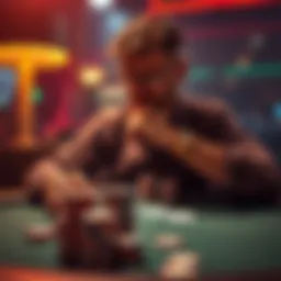 A player contemplating whether to hold or fold their cards at a poker table with chips in front of them