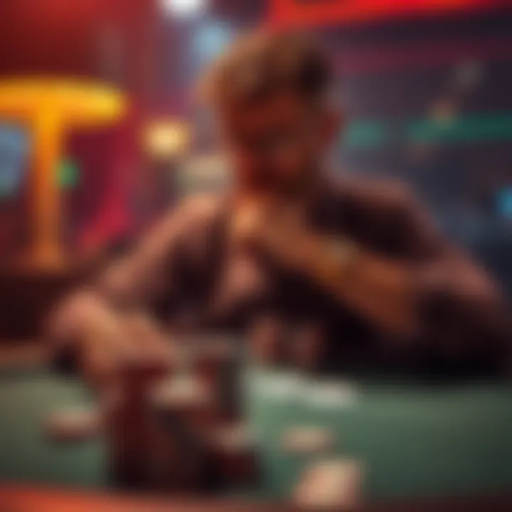 Poker strategy decision A player contemplating whether to hold or fold their cards at a poker table with chips in front of them