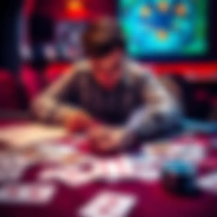 A person analyzing poker strategies with notes and cards spread on a table