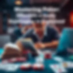 A person studying poker strategies with books and a laptop on a table, surrounded by playing cards and poker chips