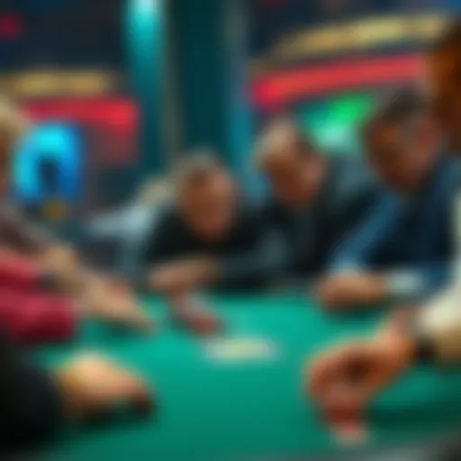 A poker table scene showing players with intense expressions and aggressive betting actions during a game