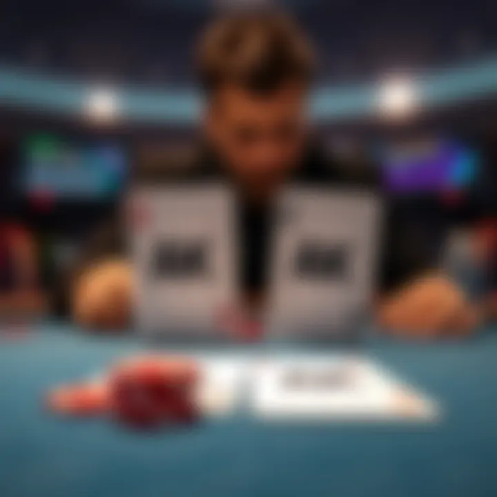 A poker table showing two AK cards face up, with chips and a focused player considering their next move.