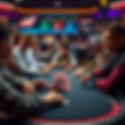 Poker table with players A group of beginner poker players at a table practicing with chips and cards, some looking focused and others smiling, representing the choice between free and real money games.