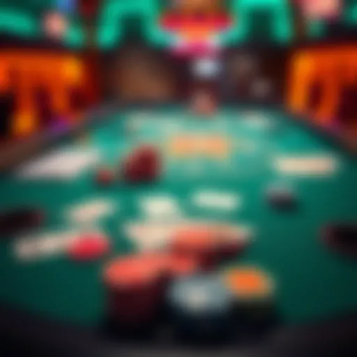 A vibrant poker table featuring playing cards and colorful chips, set up for a game night.