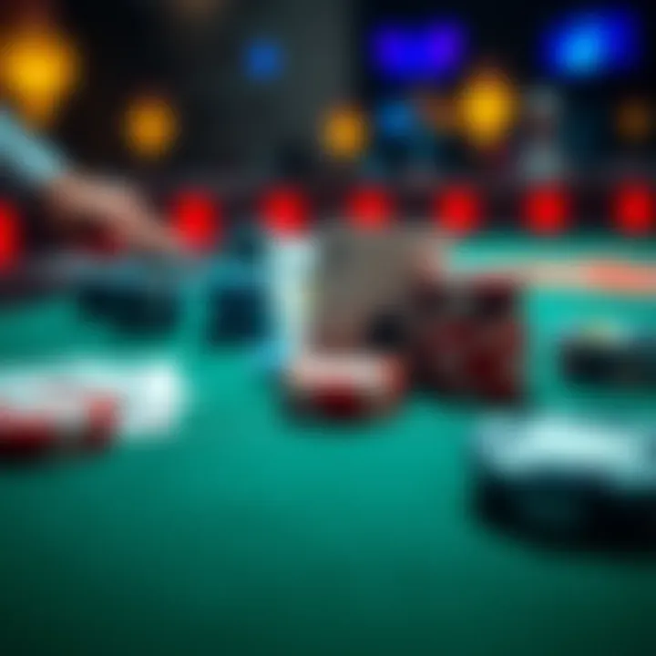 A close-up of a poker table featuring playing cards and colorful chips, highlighting the strategic elements of the game.