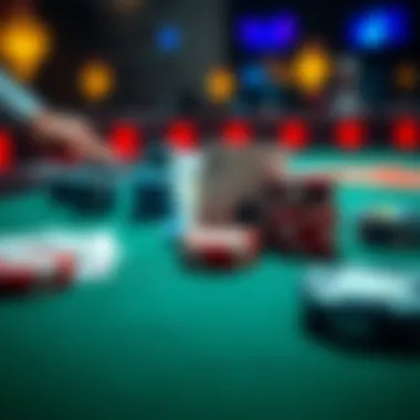 Poker table with cards and chips A close-up of a poker table featuring playing cards and colorful chips, highlighting the strategic elements of the game.