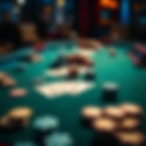 A poker table set up with playing cards and colorful chips, highlighting a game in progress.