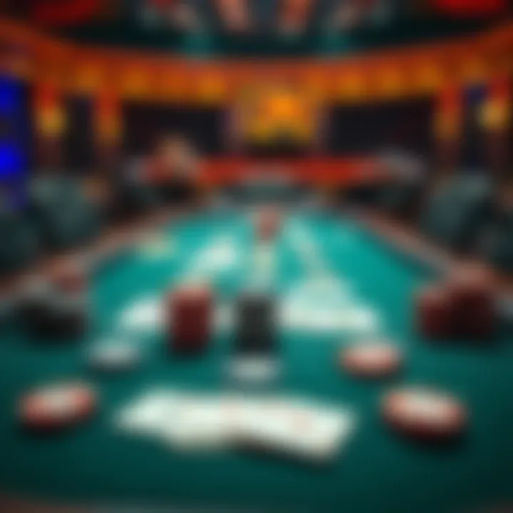 A poker table set up with playing cards and chips, showcasing a competitive game atmosphere.
