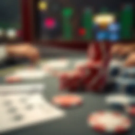 A close-up view of a poker table featuring cards and stacks of chips, highlighting an intense game atmosphere.