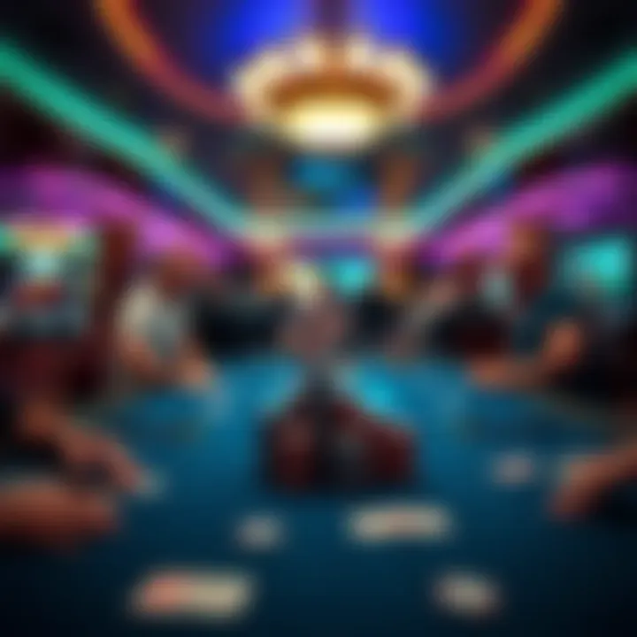 A view of a poker table in a Las Vegas casino, with players concentrating on their cards and chips stacked in front of them.