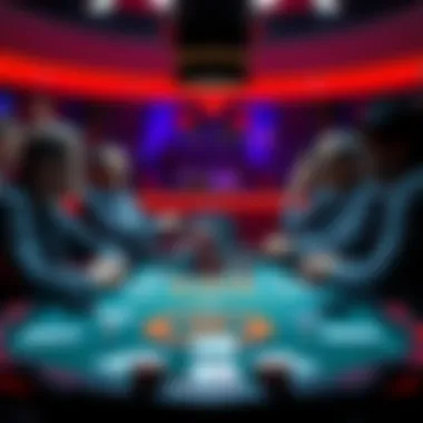 A poker table scene showing players engaged in conversation about their folded hands, creating distractions during the game.