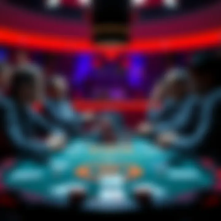 A poker table scene showing players engaged in conversation about their folded hands, creating distractions during the game.