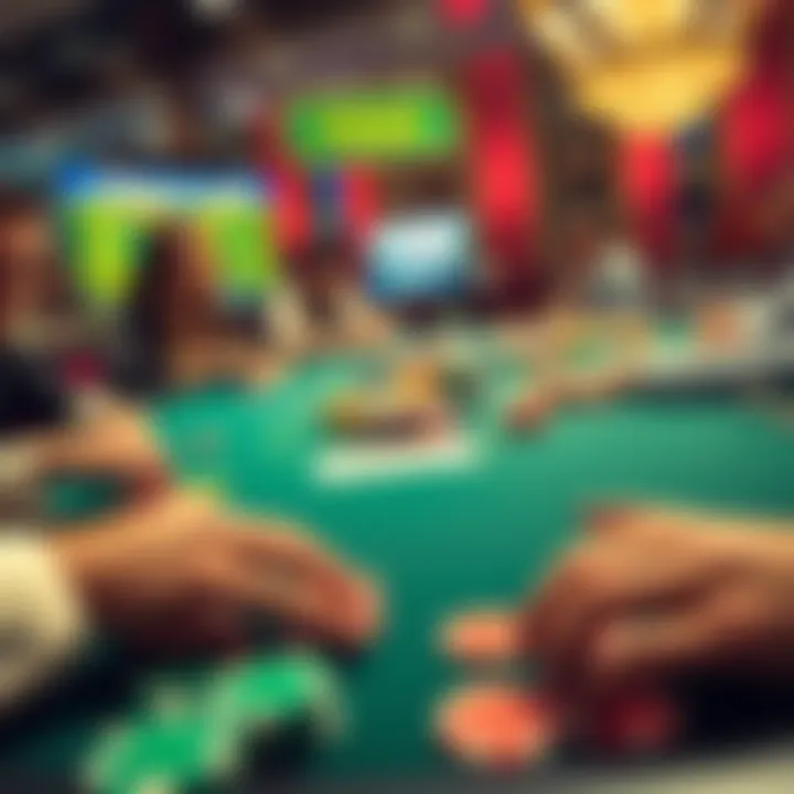 A lively poker table filled with colorful chips and focused players engaged in a no-limit poker game.