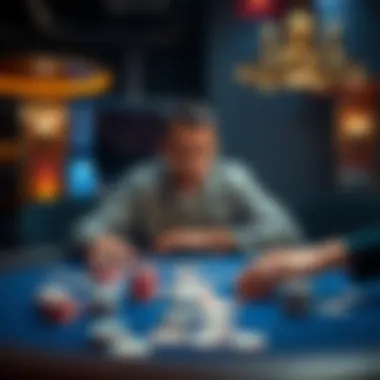 Poker table with chips A poker player looks shocked at the table after losing a big pot, with chips scattered around.