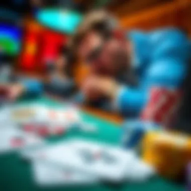 Poker table with cards and chips A close-up of a poker table featuring playing cards and chips, with a focused player contemplating their next move.