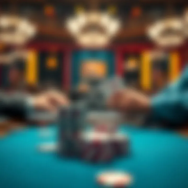 A poker table showing a player contemplating their next move with cards in hand and chips stacked in front