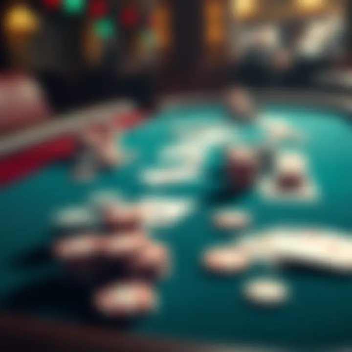 A poker table showing various chips and cards laid out, illustrating strategies in post flop equity.