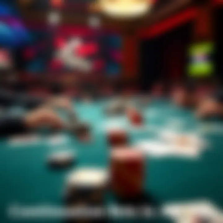 Poker table with chips and cards A poker table set up with colorful chips and playing cards laid out, showcasing a tense moment in a game
