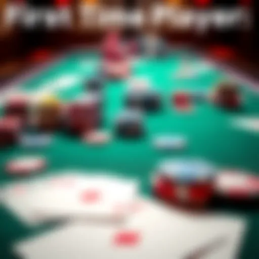 A poker table showing various chips and playing cards, representing low-stakes cash games and freeroll tournaments for first-time players.