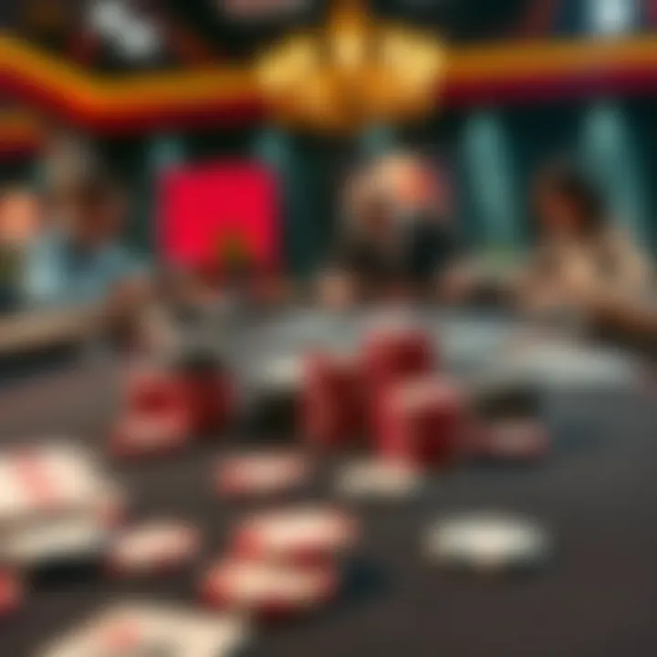A live poker table featuring chips, cards, and players engaged in the game