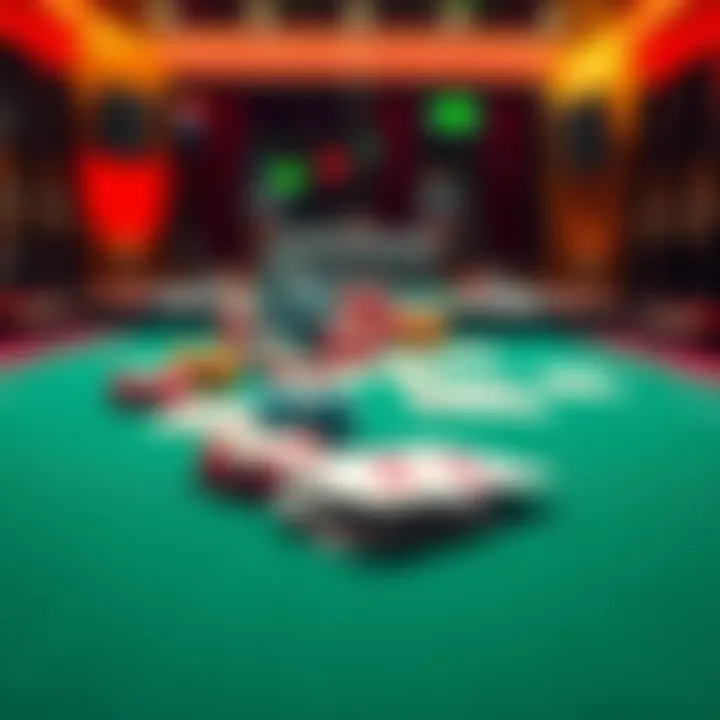A close-up view of a poker table with chips and playing cards, showing a serious atmosphere of an unofficial poker deal.