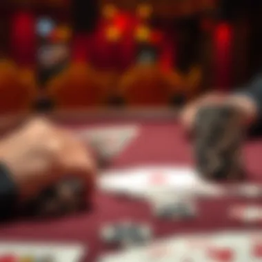 Poker table with chips and cards A poker table showing a player's hand of cards and stacked chips, highlighting the tension of a potential bluff against an aggressive player.