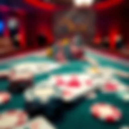 A close-up view of a poker table featuring playing cards and colorful chips, symbolizing no-deposit promotions and risk-free poker play