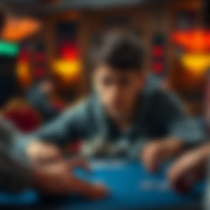 Poker table with a college student A college student looks tense as he considers folding pocket Jacks against aggressive opponents at a poker table.