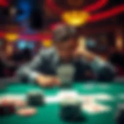 A poker player contemplating whether to bet on the turn or wait for the river, with chips in front of them and cards on the table.
