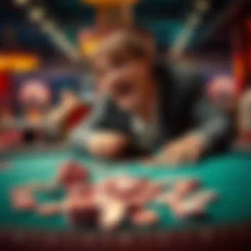 A frustrated player sits at a poker table, looking at their empty wallet as chips are scattered, symbolizing a rigged game at Crimson City ClubGG.