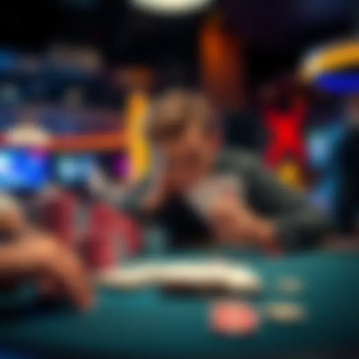 A player sitting at a poker table with chips stacked and cards in hand, looking disappointed after a mistake in a tournament.