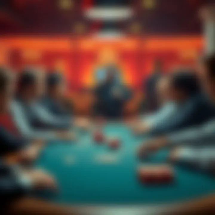 Poker Table Dispute A tense poker game scene with players reacting after a high hand dispute, police presence visible in the background