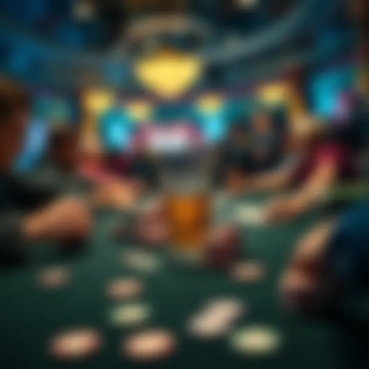 A poker table scene showing players and drinks, focusing on chips and a drink in front of a player