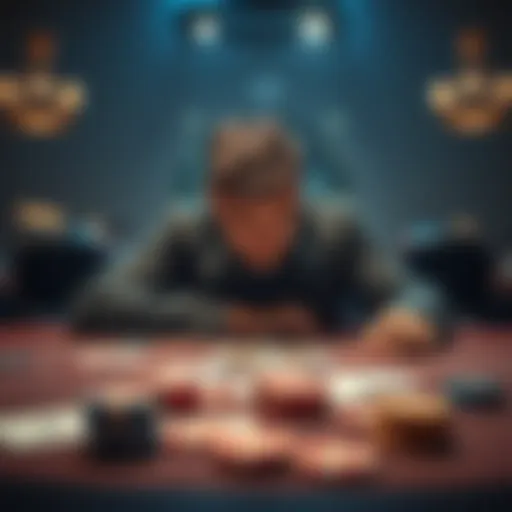 A person looks frustrated at a poker table with cards and chips scattered, reflecting on their losses.