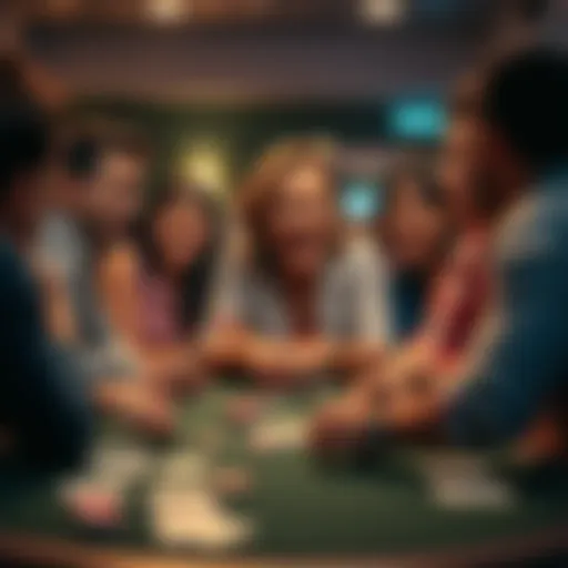 A lively poker table scene with a single mom laughing and joking with friends, wearing a playful expression as she makes a clever play. Chips and cards are scattered on the table, highlighting the fun atmosphere.