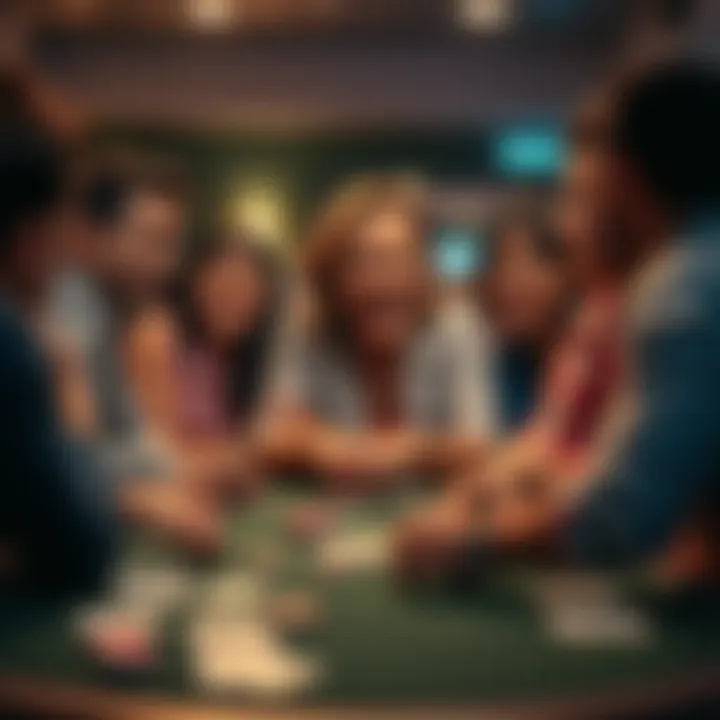 A lively poker table scene with a single mom laughing and joking with friends, wearing a playful expression as she makes a clever play. Chips and cards are scattered on the table, highlighting the fun atmosphere.