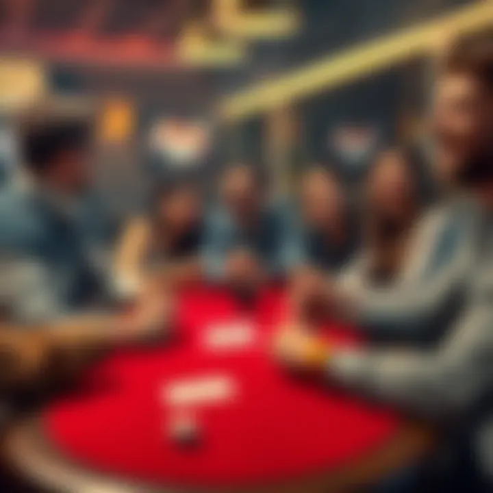 A lively poker table with friends laughing and enjoying the game, using fun conversation starters and interactive games.