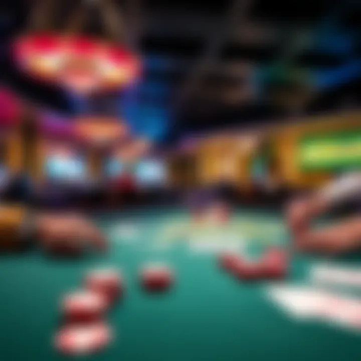 A vibrant poker table with players in a Harrah's poker room, showcasing chips and cards in action.