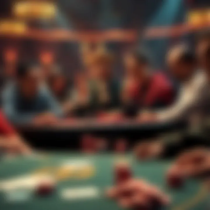 A group of poker players at a high-stakes table, focusing on their cards and chips, while some look hopeful and others display superstitious gestures for luck.
