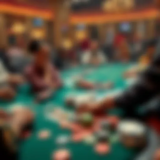 A poker table filled with chips and cards, showcasing a high-stakes game with one player among wealthy competitors