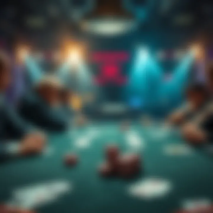 Poker table with high-stakes action A tense poker scene showing players contemplating their decisions at a table with cards and chips, focusing on one player holding quads against another with a boat.