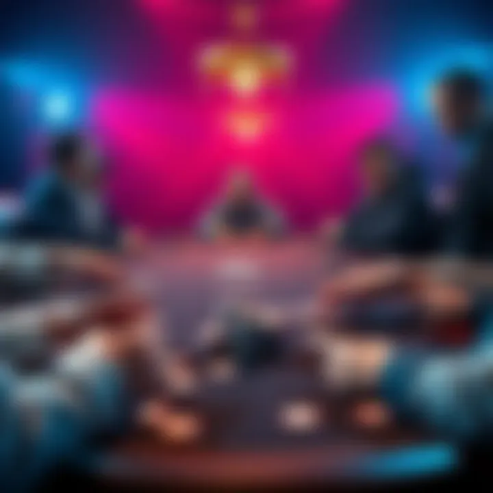 Poker Table with High VPIP Players A group of high VPIP players engaged in a poker game, with chips and cards on the table, showing active betting and raising.