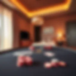 A poker table with cards and chips next to a cozy hotel room setting, illustrating poker accommodations for players in the USA.