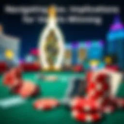 A close-up of a poker table featuring colorful chips and playing cards, with a blurry Las Vegas skyline in the background