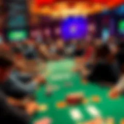 A crowded poker room with players around a green felt table, cards and chips visible, and a dealer in action.