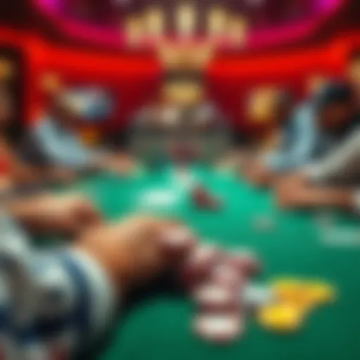A vibrant poker table scene with players engaged in a game, colorful chips scattered, showcasing a loose and aggressive play environment.