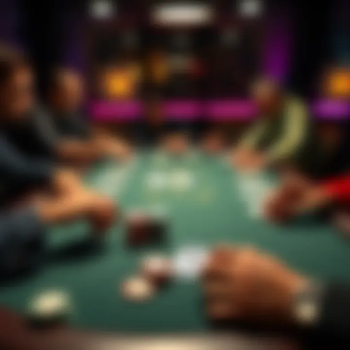 A poker table set with chips and cards, showing players making aggressive bets with short stacks of chips.