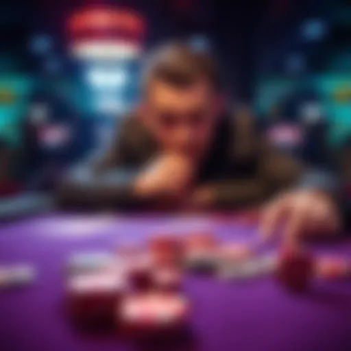 A poker table showing a player with a disappointed expression after losing a significant hand, with chips scattered across the table